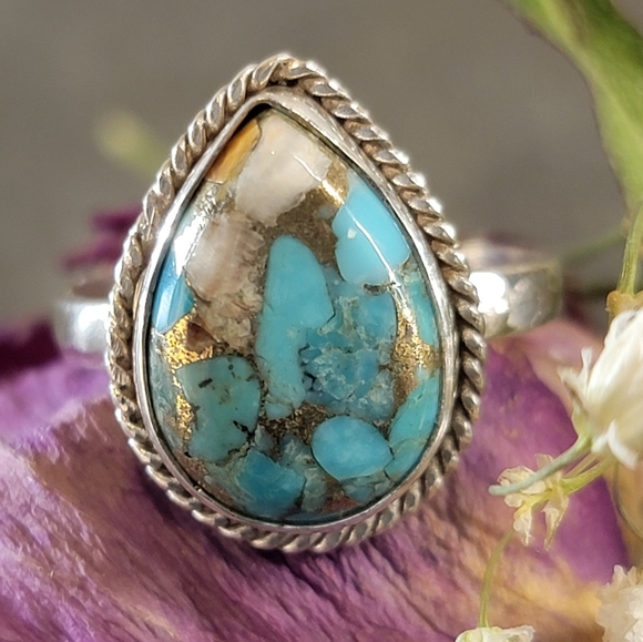 Handcrafted Jewelry - Native Copper Turquoise Gemstone Ring 7 Sterling Silver 925 Boho Jewelry Gypsy